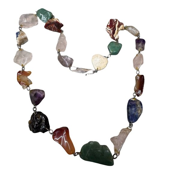 Vintage Large Nugget Multi gemstone Necklace Wire Wrapped Natural Mineral 31" - Picture 7 of 10